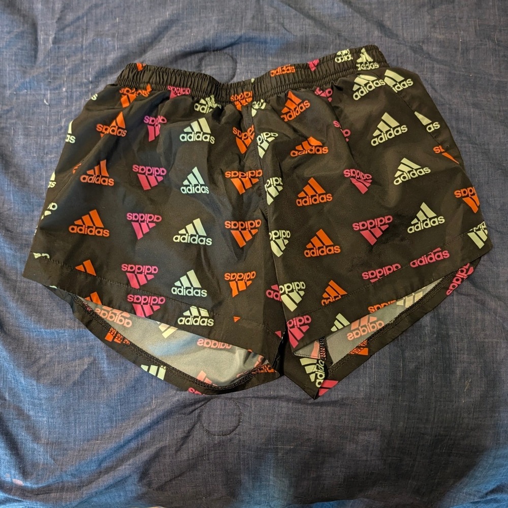 Adidas Girls Black Multi Logo Print Athletic Shorts AH4310 Size L 14
